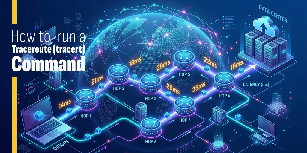 Traceroute command network path illustration showing hops and latency