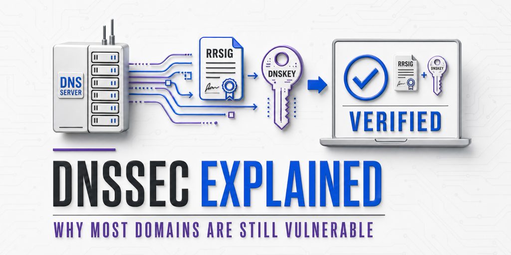 DNSSEC security concept showing protected vs vulnerable DNS responses and domain protection in 2026