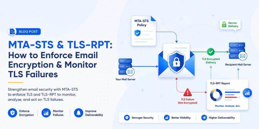MTA-STS and TLS-RPT configuration workflow for enforcing secure SMTP email encryption and monitoring TLS delivery failures