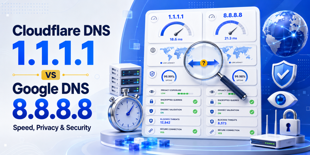 Cloudflare 1.1.1.1 vs Google DNS 8.8.8.8 speed, privacy, security, and performance comparison infographic