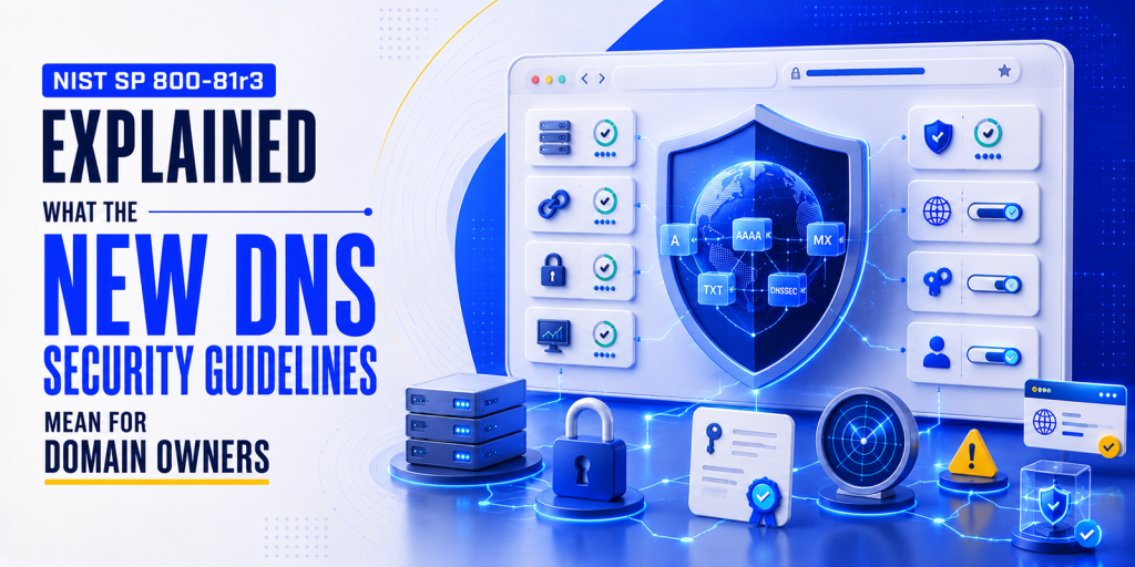 Illustration explaining NIST SP 800-81r3 DNS security best practices, including DNSSEC, protective DNS, encrypted DNS, and email authentication.